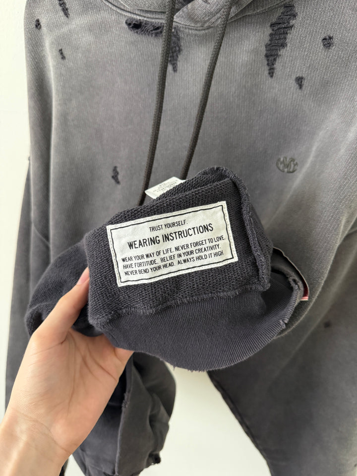 Sun Faded Grey Distressed Pullover Hoodie