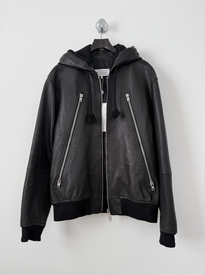 2018 5 Zip Goat Leather Hooded Jacket