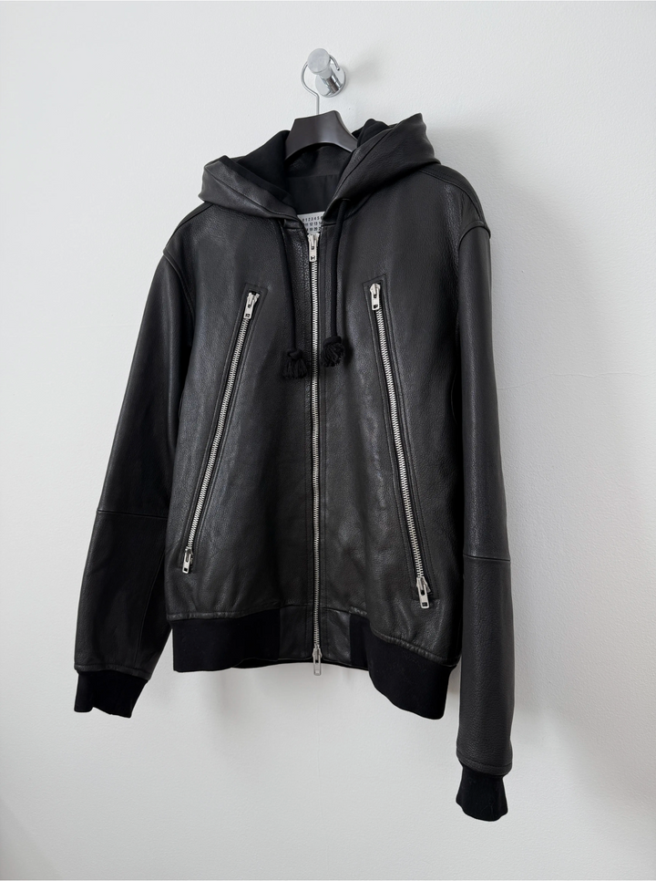 2018 5 Zip Goat Leather Hooded Jacket