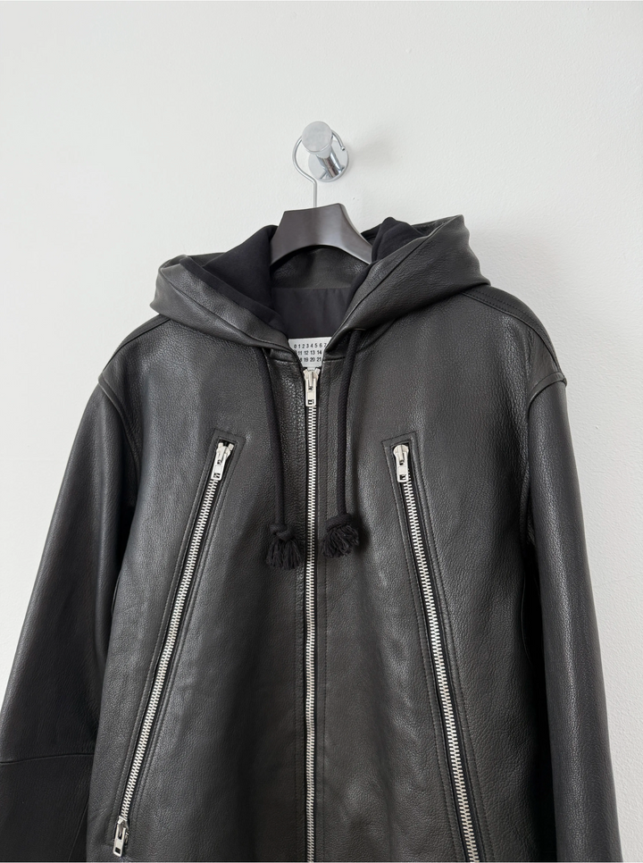 2018 5 Zip Goat Leather Hooded Jacket