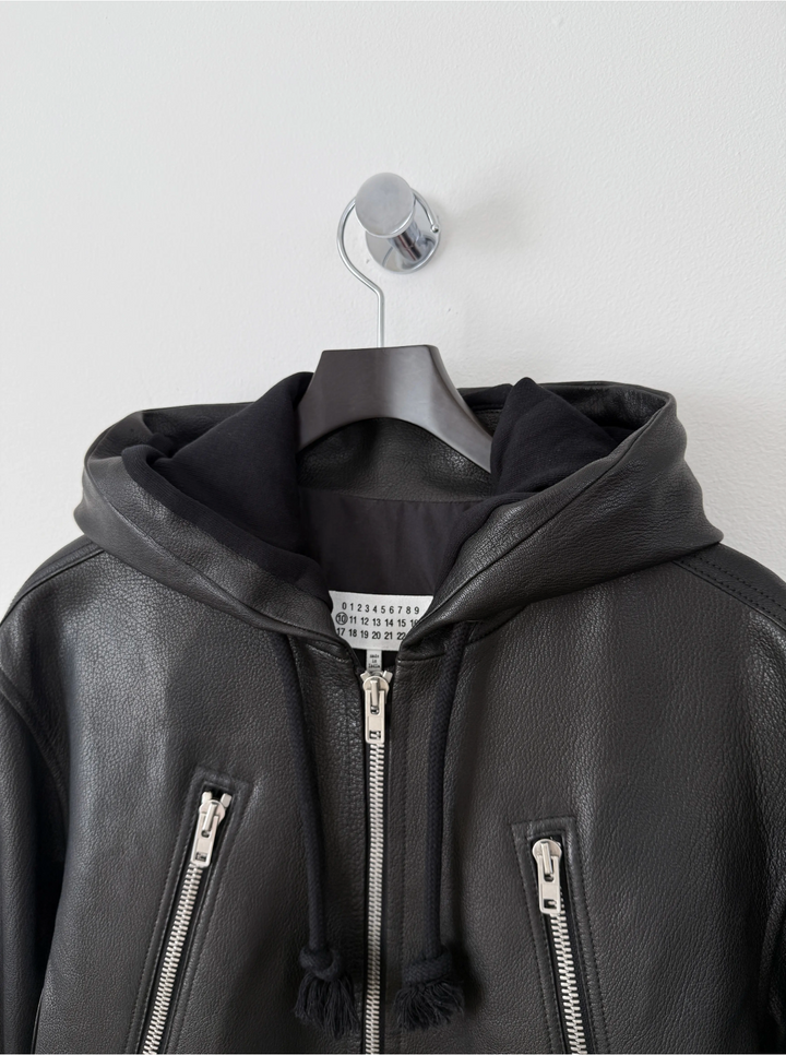2018 5 Zip Goat Leather Hooded Jacket