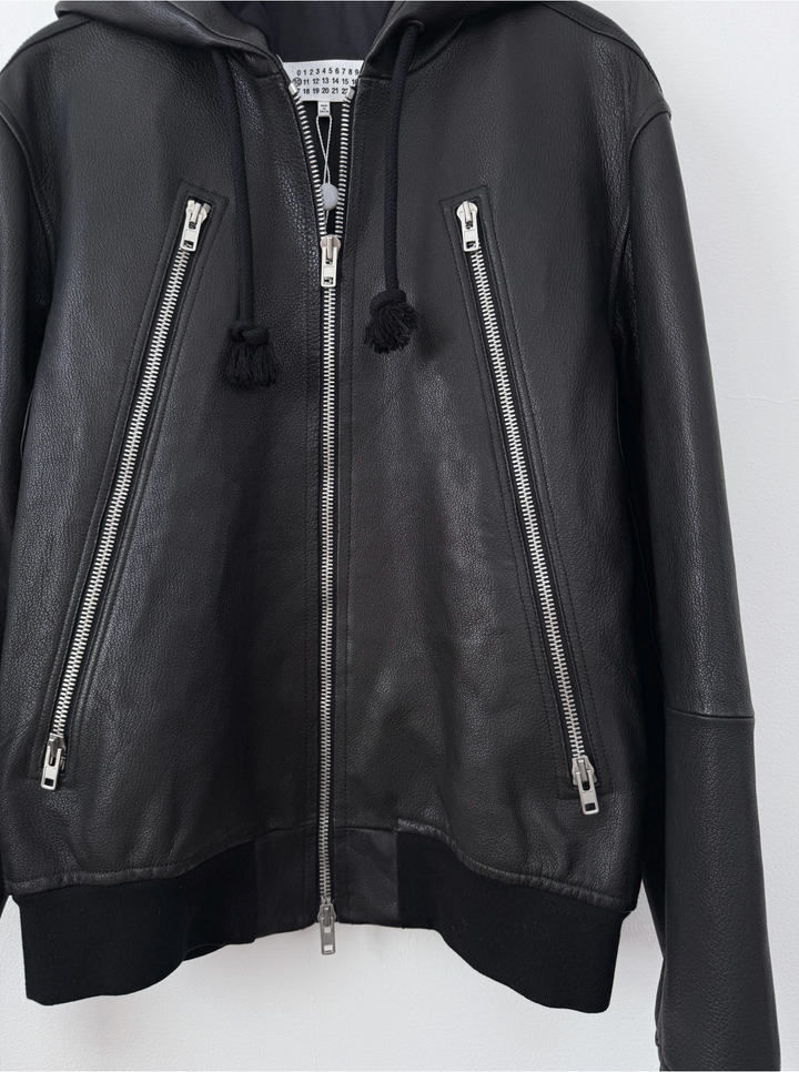 2018 5 Zip Goat Leather Hooded Jacket