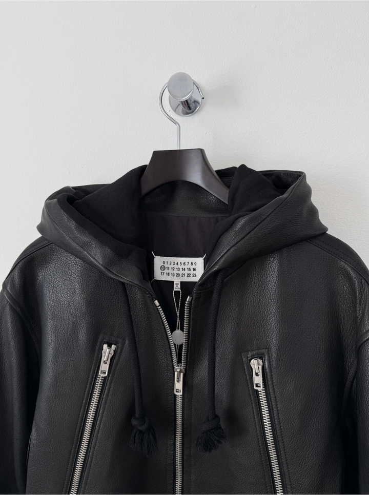 2018 5 Zip Goat Leather Hooded Jacket
