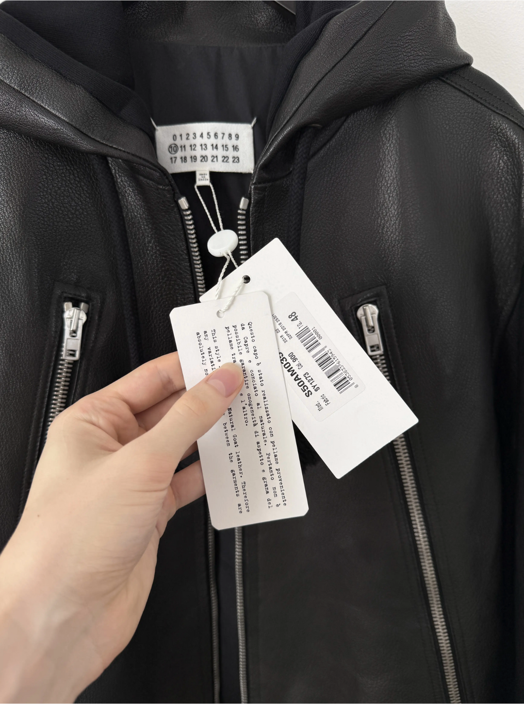 2018 5 Zip Goat Leather Hooded Jacket